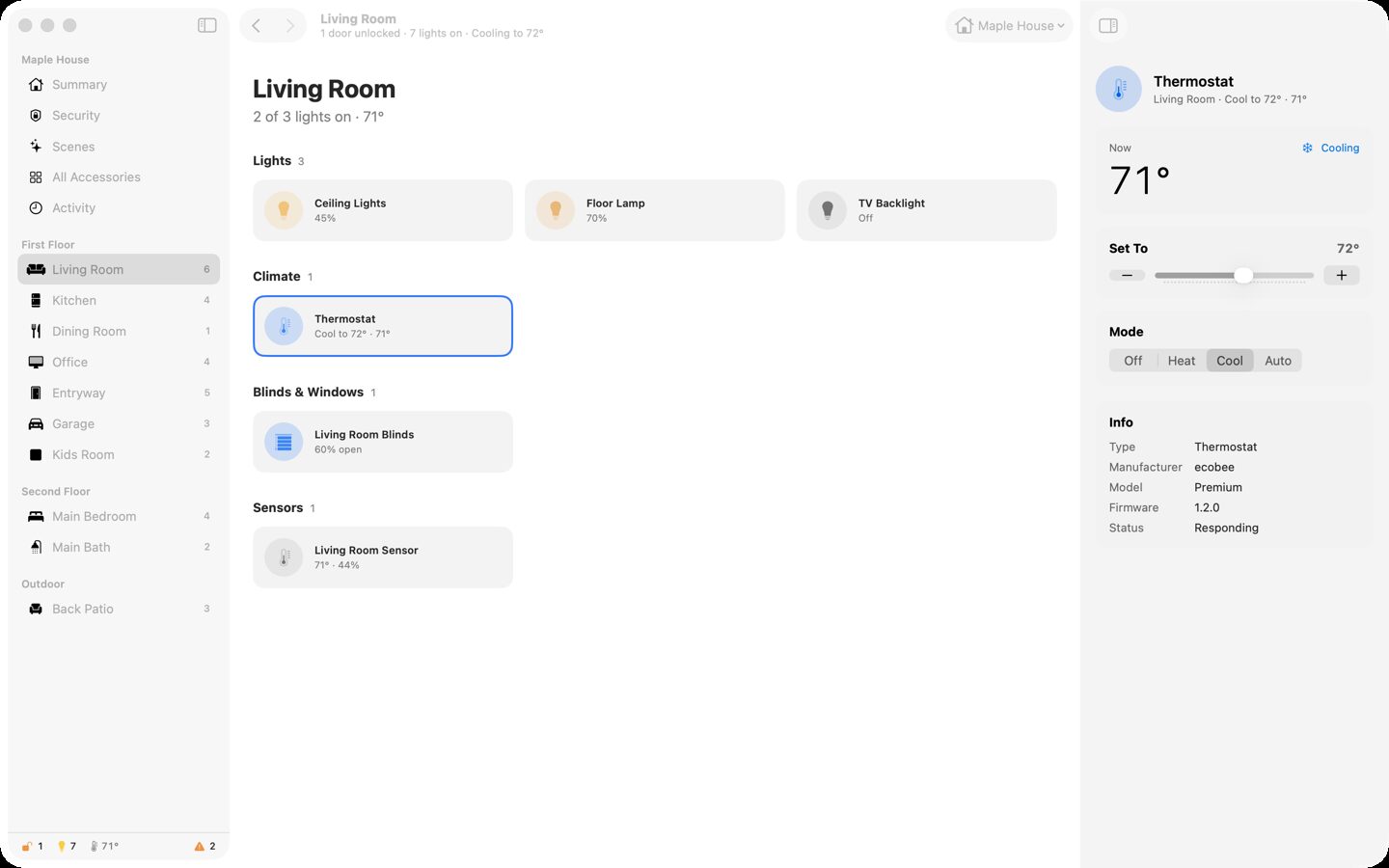 Thermostat controls in Homestead: target temperature and mode